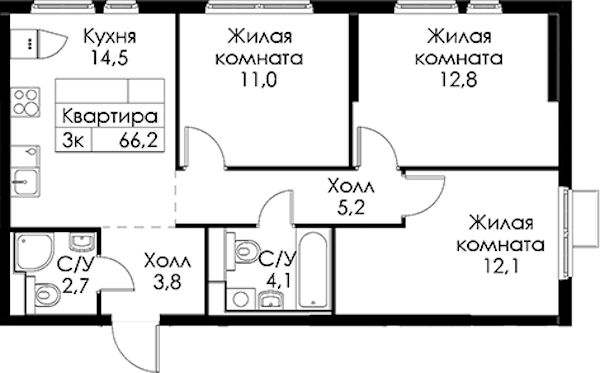 3-комнатная квартира 66.2 м², 2/13 эт., ЖК «Кантемировская 11»